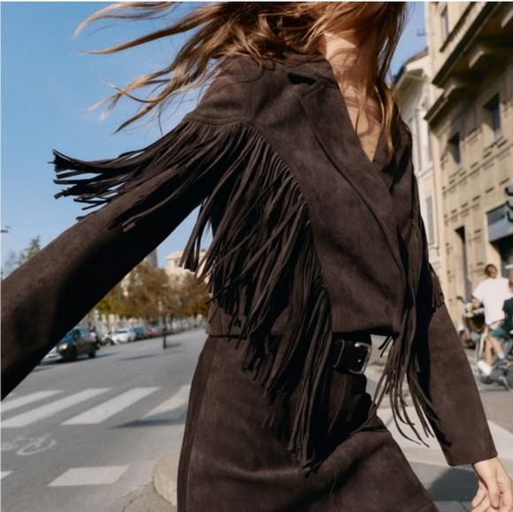 ZARA Fringe Faux Suede Jacket Brown Size Small S NEW - Picture 10 of 16